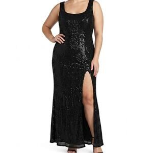 Curvy Sense Black Sequin Evening Gown Side Slit Sleeveless Maxi Dress Size 2XL